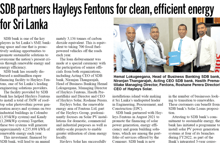 sdb bank partners with hayleys solar to finance 3mw rooftop solar projects, promoting clean energy in sri lanka