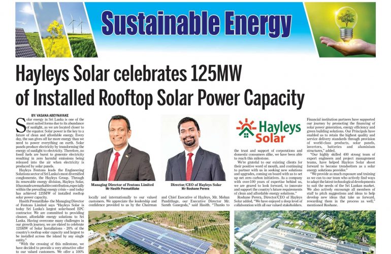 hayleys solar celebrates 125mw of installed rooftop solar power capacity, highlighting sustainable energy advancements