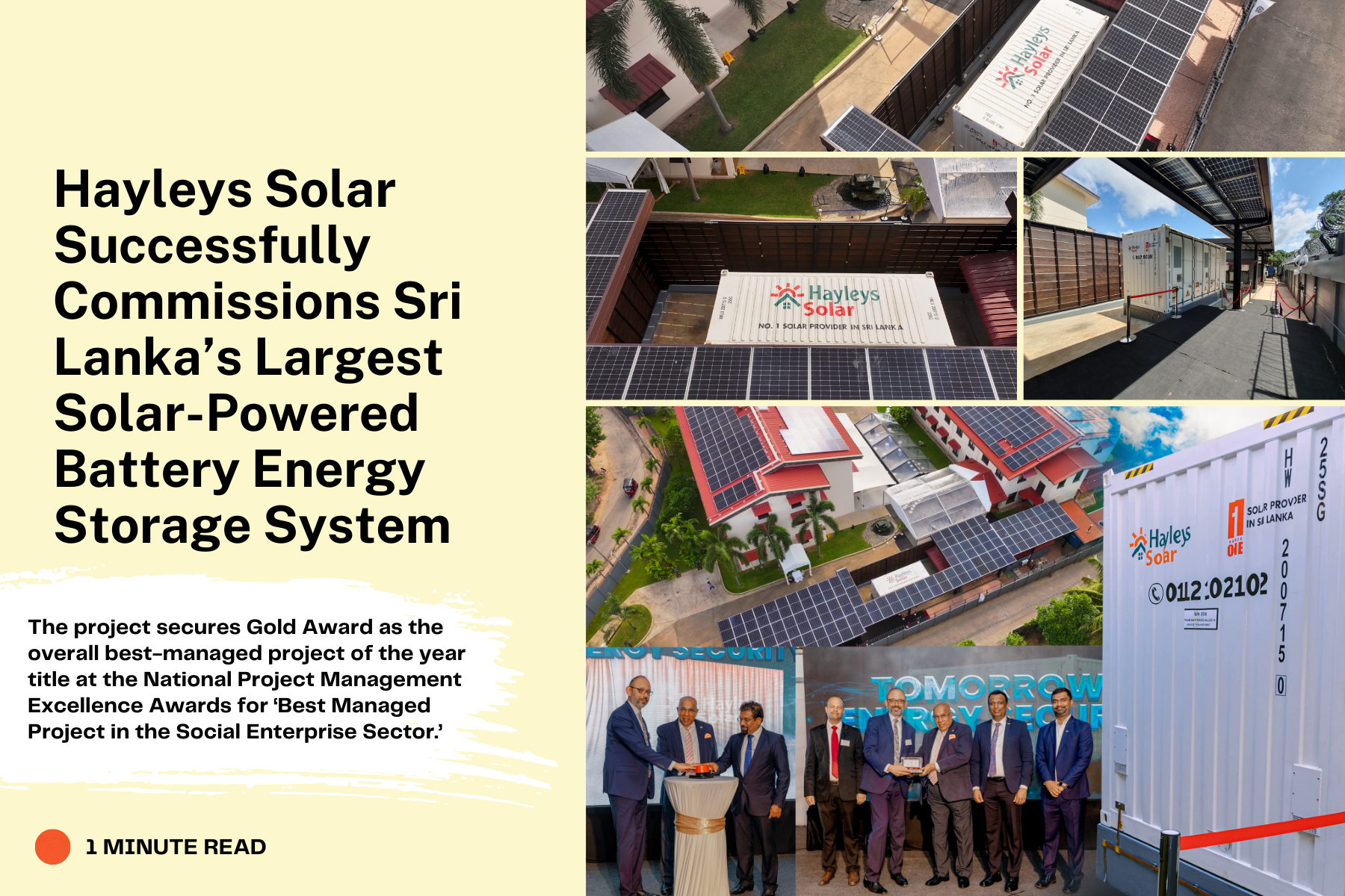 hayleys solar commissions sri lanka’s largest solar-powered battery energy storage system, securing gold award for best-managed project