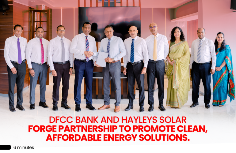 Hasith Prematillake, Roshane Perera, Akhila Jayasena representing Hayleys Solar at the signing of MoU with DFCC